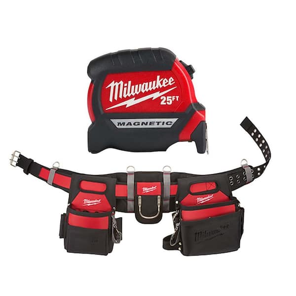 Milwaukee Adjustable Electricians Work Belt with 25 ft. x 1 in. Compact Magnetic Tape Measure