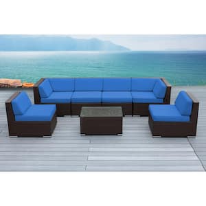 Ohana Dark Brown 7-Piece Wicker Patio Seating Set with Supercyclic Blue Cushions