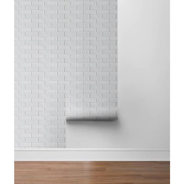 Devine color textured subway tile peel stick wallpaper white Nextwall Subway Tile White Vinyl Peel Stick Wallpaper Roll Covers 30 75 Sq Ft Nw34000 The Home Depot