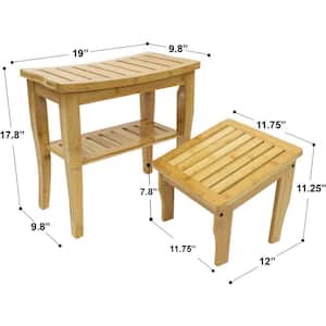 19 in D x 10 in. W x 18 in. H Bamboo Shower Bench and Foot Stool Waterproof Set