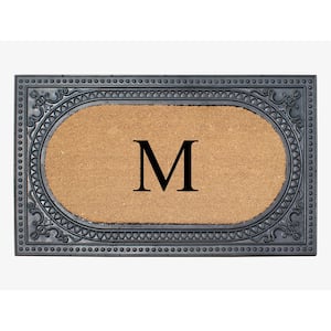 A1HC Oval Black/Beige 24 in. x 39 in. Rubber and Coir Heavy Duty Easy to Clean Monogrammed M Door Mat