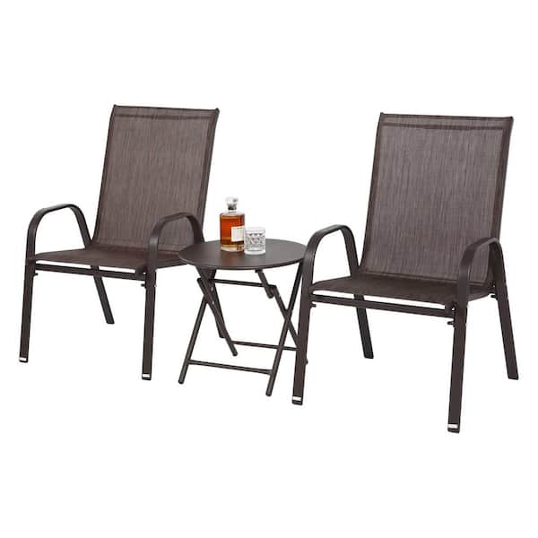 Brown Textilene Folding Patio Chair and Steel Table 3-Piece Set