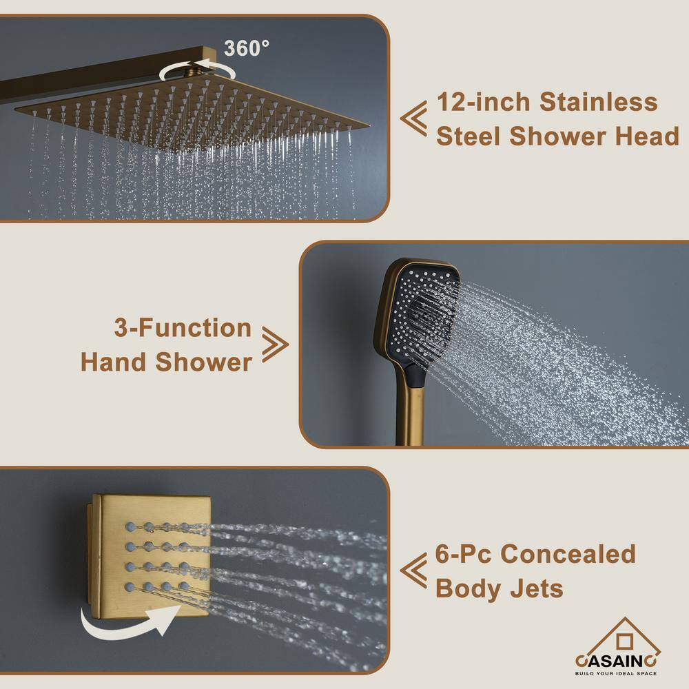 Brushed Gold 12-Inch Square Dual Shower System with Body Jets