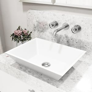 Matte Stone Vinca Composite Rectangular Vessel Bathroom Sink in White with Wall-Mount Faucet and Pop-Up Drain in Chrome