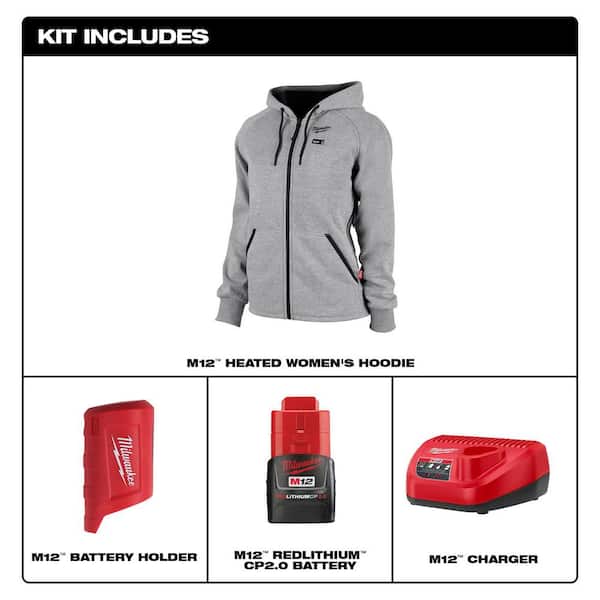 Milwaukee Women's Medium M12 12-Volt Lithium-Ion Cordless Gray Heated  Jacket Hoodie Kit with (1) 2.0 Ah Battery and Charger 336G-21M - The Home  Depot