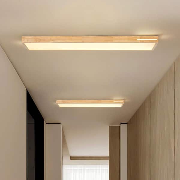 Kaden 47.24 in. 1-Light Farmhouse Brown Rectangular Wood Integrated LED Flush Mount Ceiling Light for Foyers, Hallways