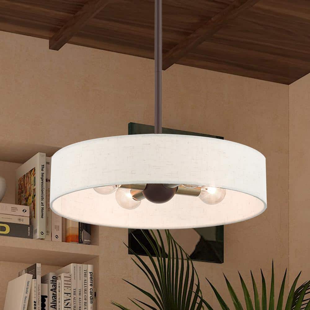 Venlo Modern 4-Light Bronze Drum Pendant with Oatmeal Fabric Shade