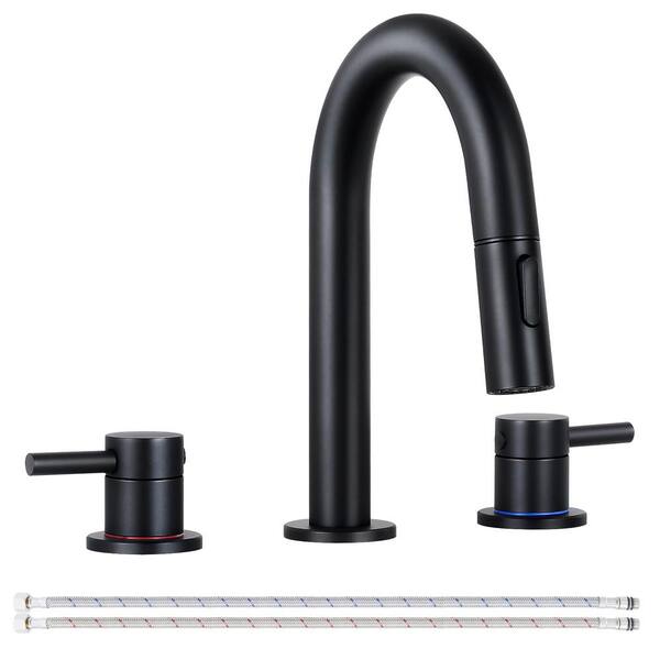 AKLFGN Double Handles 8 in. Widespread Bathroom Sink Faucet 3-Hole with Pull Out Sprayer in Matte Black