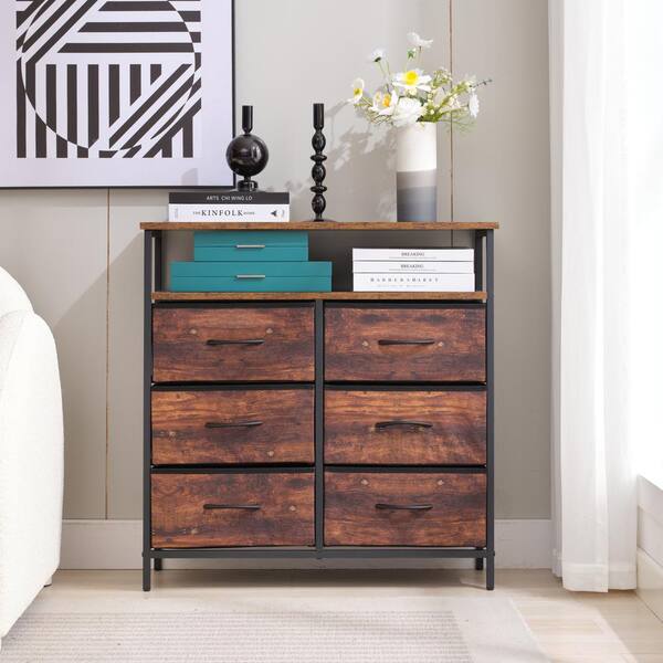 Bestier Rustic Brown 31.5 in. H Metal Accent Cabinet with 1 Wooden Top Shelf and 6 Fabric Drawers