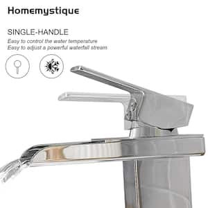 Single-Handle Waterfall Single-Hole Bathroom Sink Faucet with Pop-Up Drain Kit, Deckplate Included in Polished Chrome