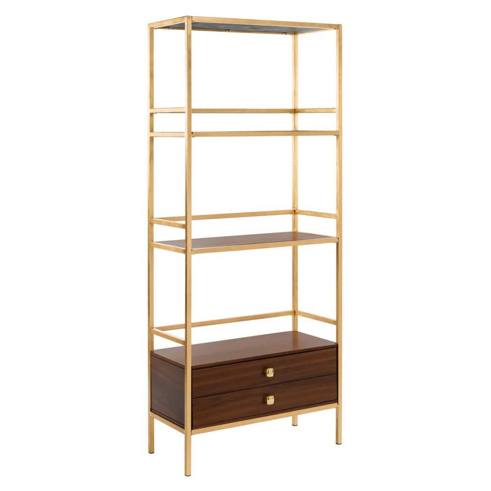 Mateo Gold and Walnut 4-Tier Etagere with Drawer