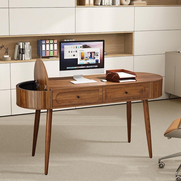 ATHMILE 19.69 in. Arc-Shaped Walnut MDF 2-Drawer Desk with Storage