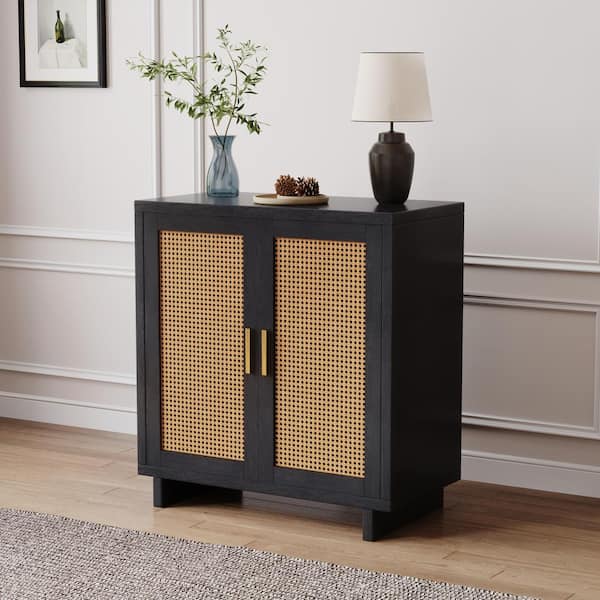 Uixe Black 31.7 in. H 2-Rattan Doors Accent Storage Cabinet with 3