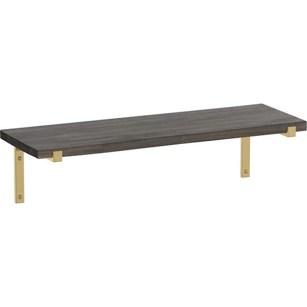 Liberty 24 in. x 8 in. x 6 in. Dark Stained Solid Pine Wood Decorative Wall Shelf with Satin Gold Wraparound Steel Brackets