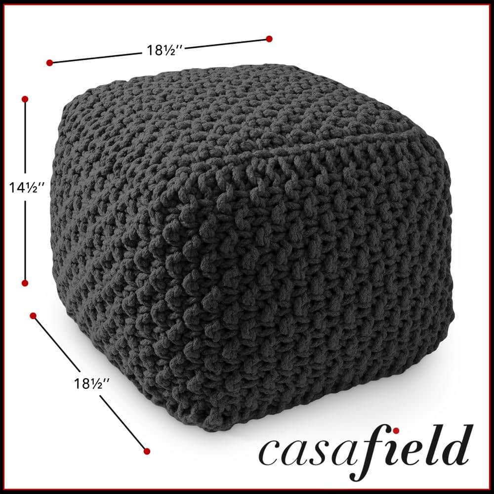 Black Hand-Knitted Cotton Square Pouf Ottoman