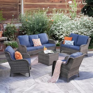 Ceres Gray 5-Piece Wicker Outdoor Patio Conversation Seating Set with Denim Blue Cushions