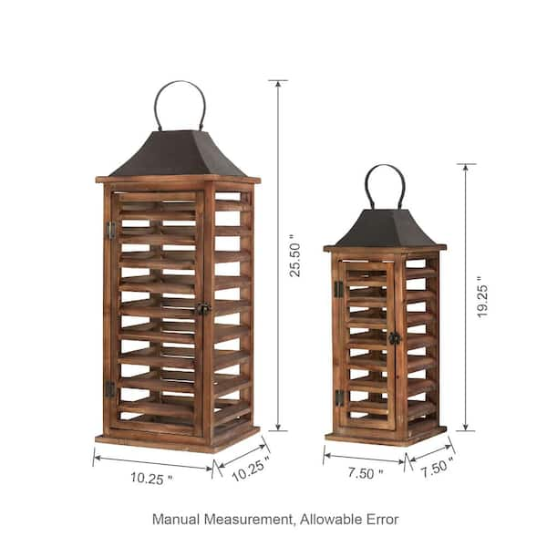 Glitzhome Rustic Farmhouse Wooden Lantern Set of 2, Brown Fir Wood,  Galvanized Base, Indoor Use, Candle Not Included in the Candle Holders  department at