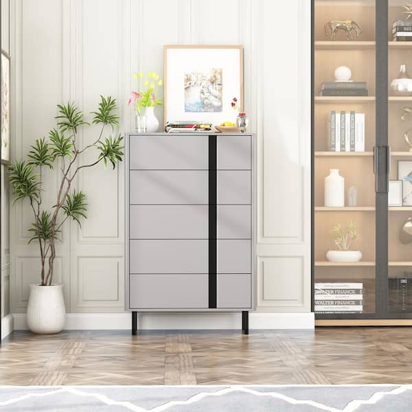 FUFU&GAGA Gray 5 Drawers 31.5 in. Rectangle Wooden Chest of Drawers, End Table, Side Table with Black Decor