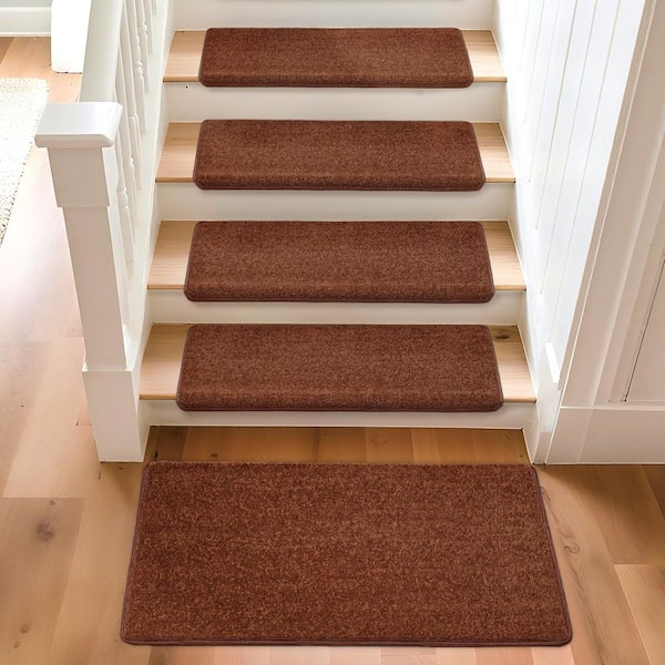 PURE ERA Brown 9.5 in. x 30 in. x 1.2 in. Bullnose Polypropylene Non-slip Carpet Stair Tread Cover With Landing Mat (Set of 15)