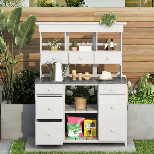 Polibi 50.1 in. W x 65.7 in. H Brown Garden Potting Bench Table with Multiple Drawers and Shelves, Gray