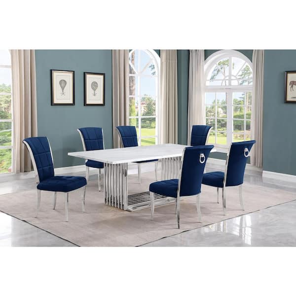 Best Quality Furniture Lisa 7-Piece Rectangle White Marble Top Stainless Steel Base Dining Set With 6-Navy Blue Velvet Iron Leg Chairs