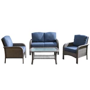 Tampa Gray 4-Piece Wicker Modern Outdoor Patio Conversation Sofa Loveseat Seating Set with Denim Blue Cushions