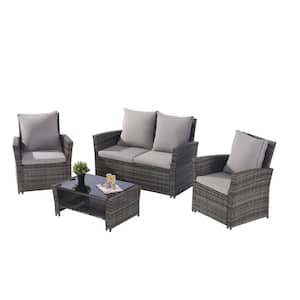 4 Pieces Outdoor Patio Furniture Sets Garden Rattan Chair Wicker Set, Poolside Lawn Chairs with Gray Cushions