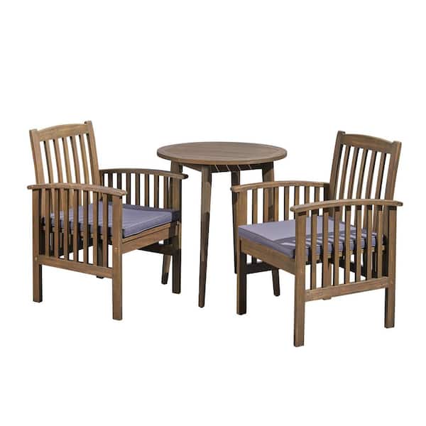 Noble House Casa 30 in. Grey 3-Piece Wood Round Patio Outdoor Dining Set with Dark Grey Cushions