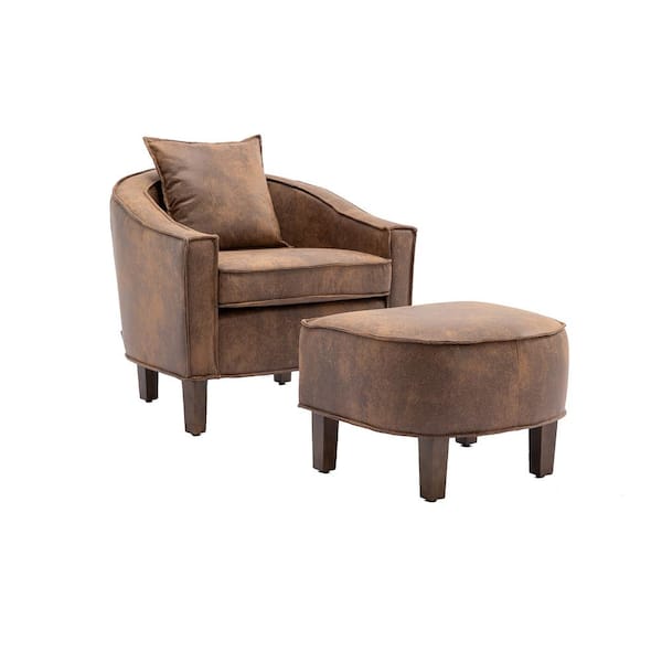 Unbranded Coffee Microsuede Upholstered Accent Arm Chair with Ottoman and 1-Pillow Wood Legs（Set of 2）
