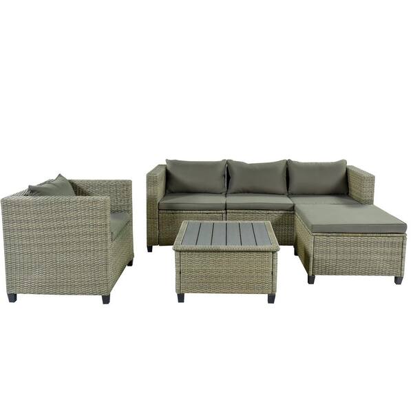 waelph Gray 5-Piece Wicker Patio Conversation Set with Gray Cushions