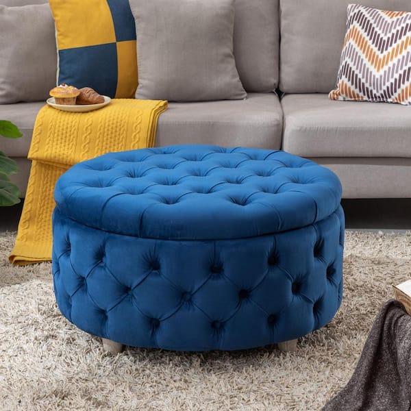 Highland 29.5 in. Royal Blue Wide Tufted Velvet Round Ottoman with Storage