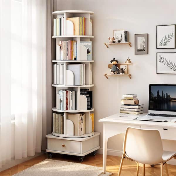 Ronald 360° Rotating 68.11 in. Tall White MDF 6-Shelf Corner Bookcase with Wheels and Drawer