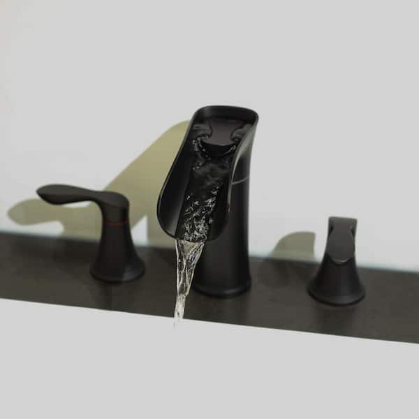 8 in. Widespread Double Handle Waterfall Bathroom Faucet with Pop-Up Drain Included in Matte Black