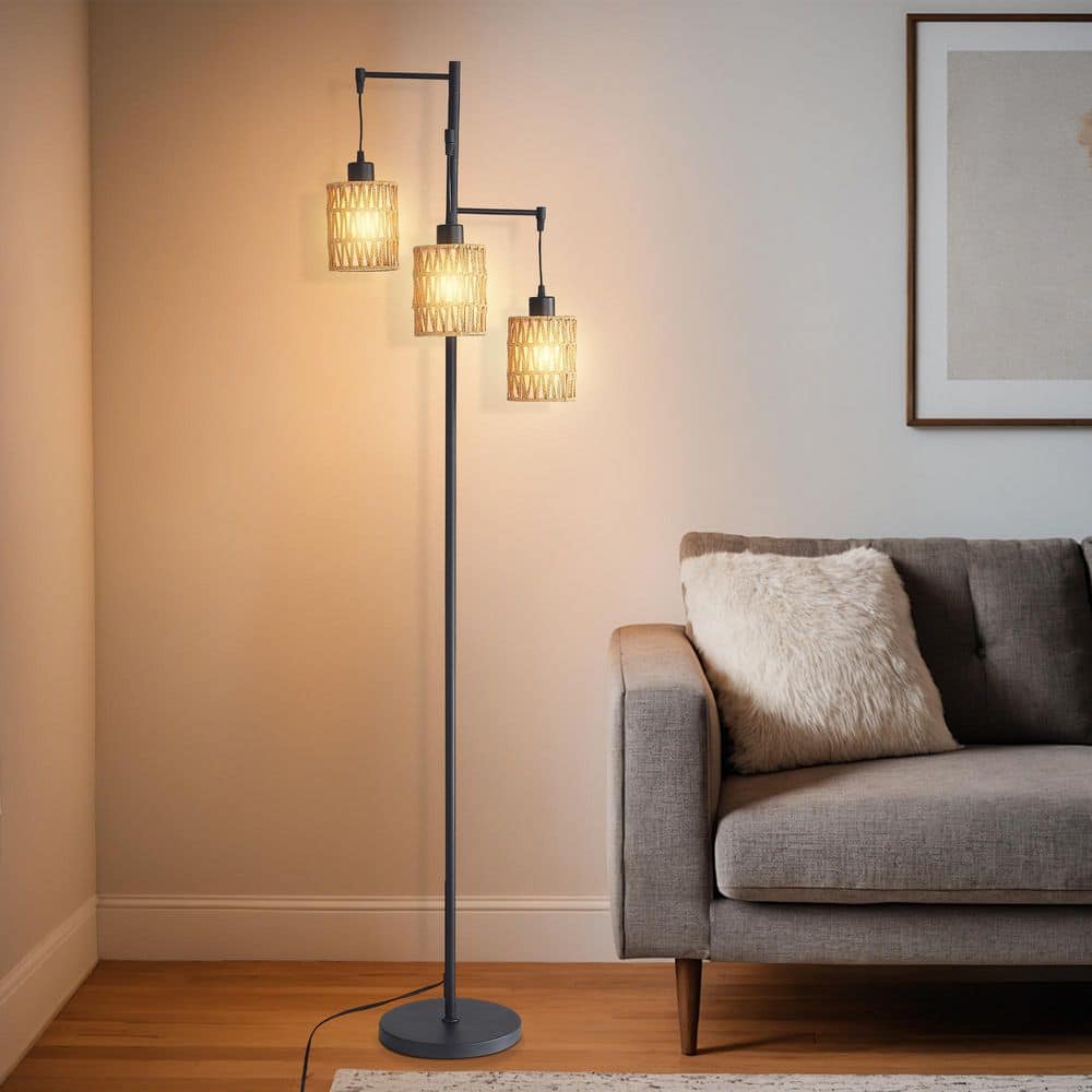 CACI Mall 66 in. 3-Light Black Farmhouse Dimmable Tree Floor Lamp