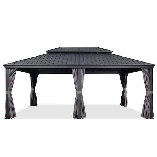12 ft. x 28 ft. Luxury Patio Outdoor Gazebo for Backyard Hardtop Aluminum Frame with Netting, Hooks, Upgrade Curtain