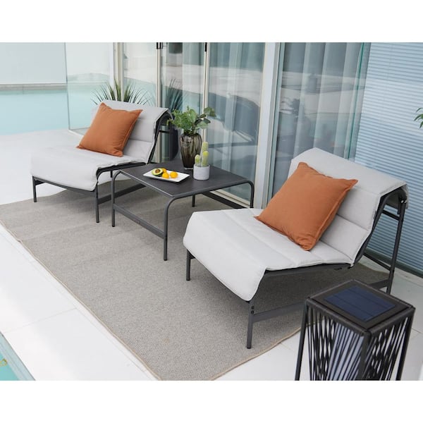 Grey 3-Piece Outdoor Metal Patio Conversation Set with Side Table and Removable Cushion