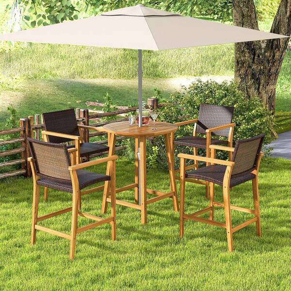 Natural Round Wood Outdoor Bistro Table with Umbrella Hole