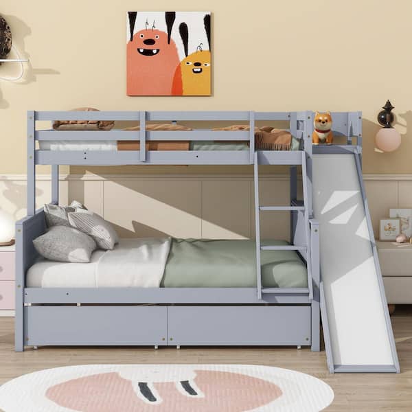 Gray Twin over Full Bunk Bed with 2 Drawers and Slide