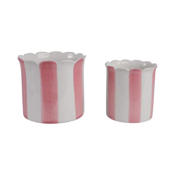 6 in. and 8 in. Pink Ceramic Striped Scallop Edge Planters (Set of 2)