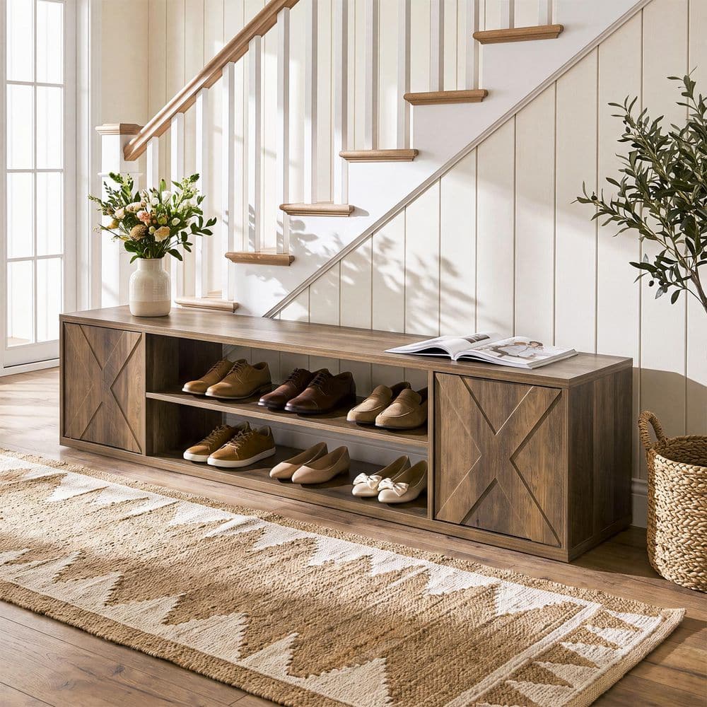 63 in. Brown Entryway Bench, Shoe Storage Bench with Barn Doors, Farmhouse Wood Bench with Cabinets and Open Shelves price history on PriceWatchPro