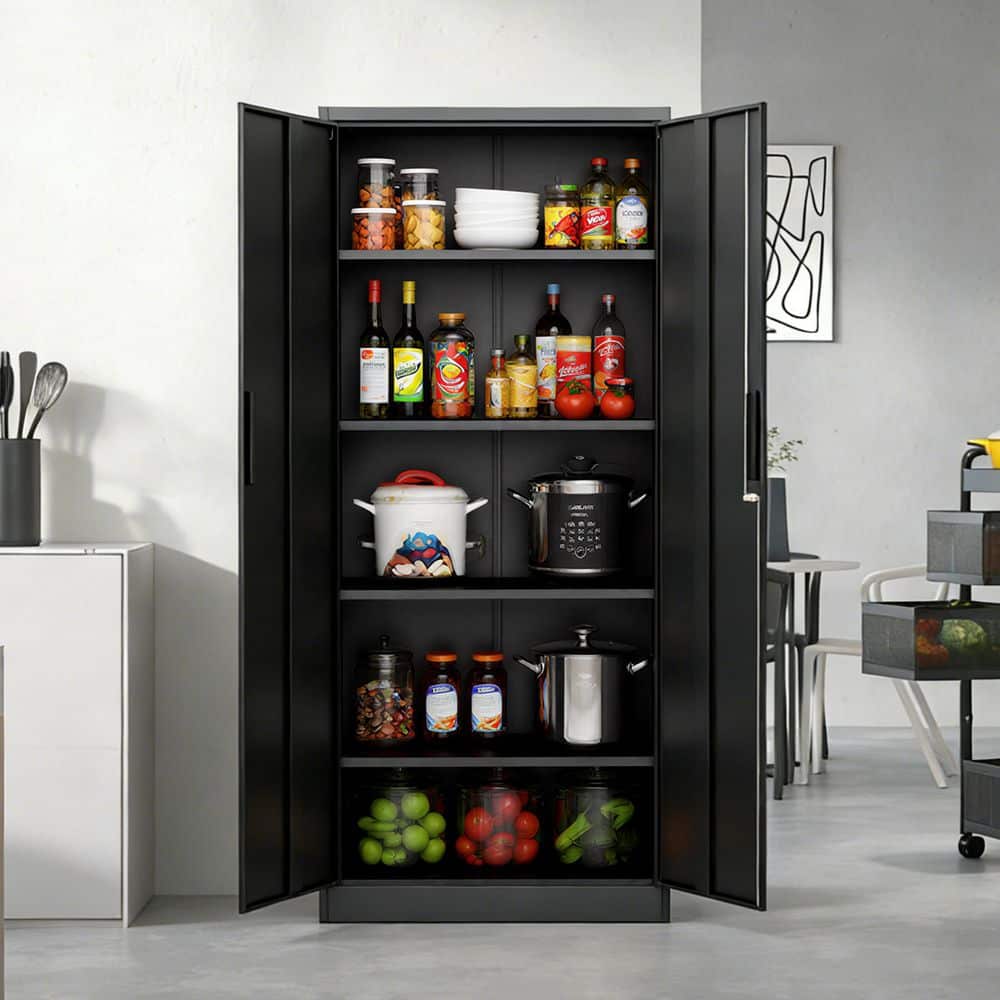 Storage cabinet stocked with kitchen items.