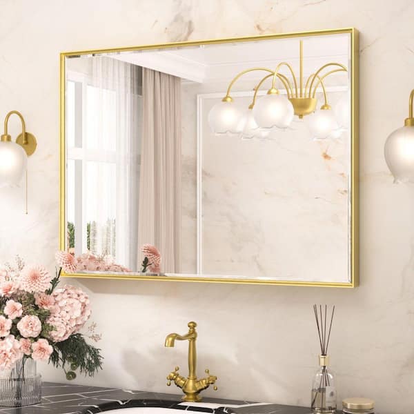 40 in. W x 30 in. H Framed Rectangular Brushed Gold Mirrors for Bathroom Wall Beveled Mirror Bathroom Vanity Mirror
