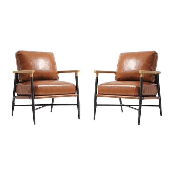 Modern Brown Faux Leather Upholstered Arm Chair with Metal Base(Set of 2)