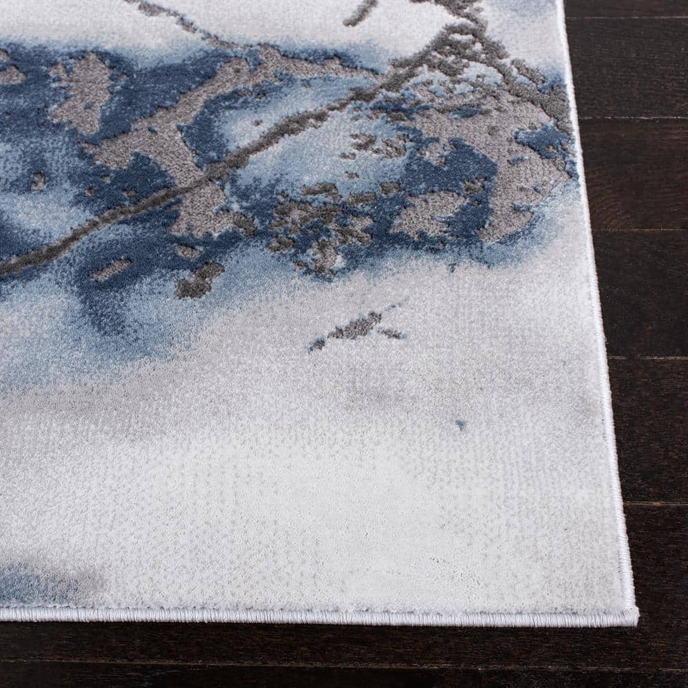 Blue and Gray Abstract Non-Slip Synthetic Round Rug
