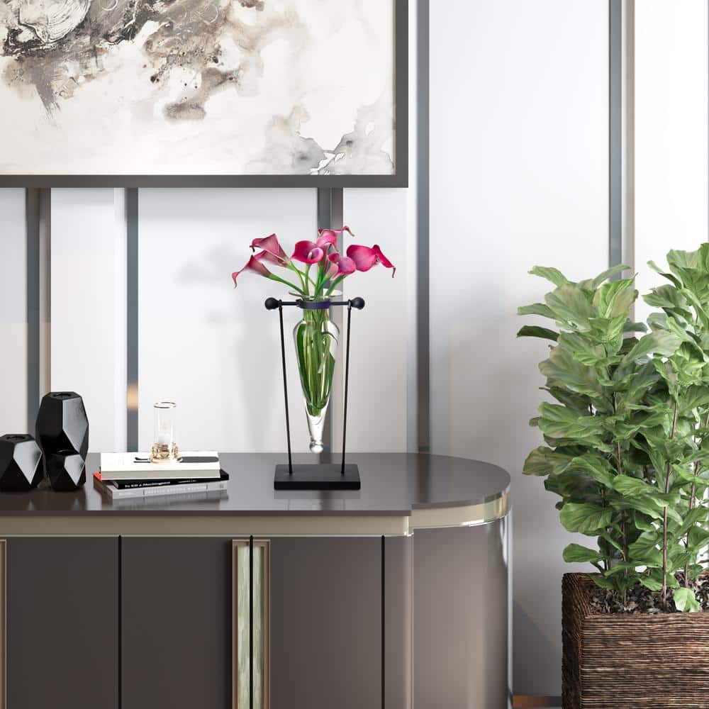 Clear Glass Amphora Vase with Black Iron Stand