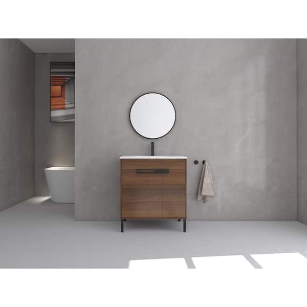 Unbranded 30 in. W x 18 in. D x 33.50 in. H Freestanding Vanity in Natural Wood Brown with White SMC Basin