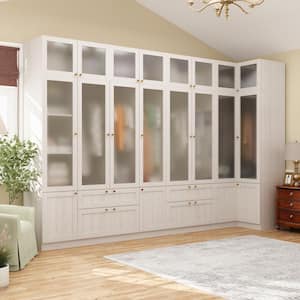 Beige Wood 129.9 in. W Tempered Glass Doors Big Armoires Wardrobe with Hanging Rods, Drawers 86.6 in. H x 35.4 in. D