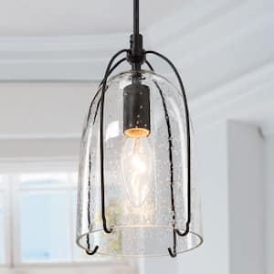 Black Pendant Light, 1-Light Black Contemporary Shaded Kitchen Mini Pendant Hanging Light with Clear Seeded Glass
