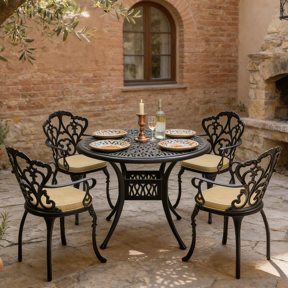 5-Piece Black Cast Aluminum Patio Outdoor Dining Set with Round Table and 4 Chairs with Beige Cushions price history on PriceWatchPro