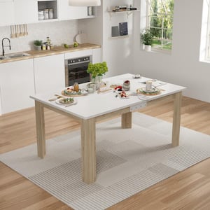 White and Wood Grain Wooden 60.2-77.2 in. W 4 Legs, Collapsible Top Dining Table, Meeting Table 6 Seat